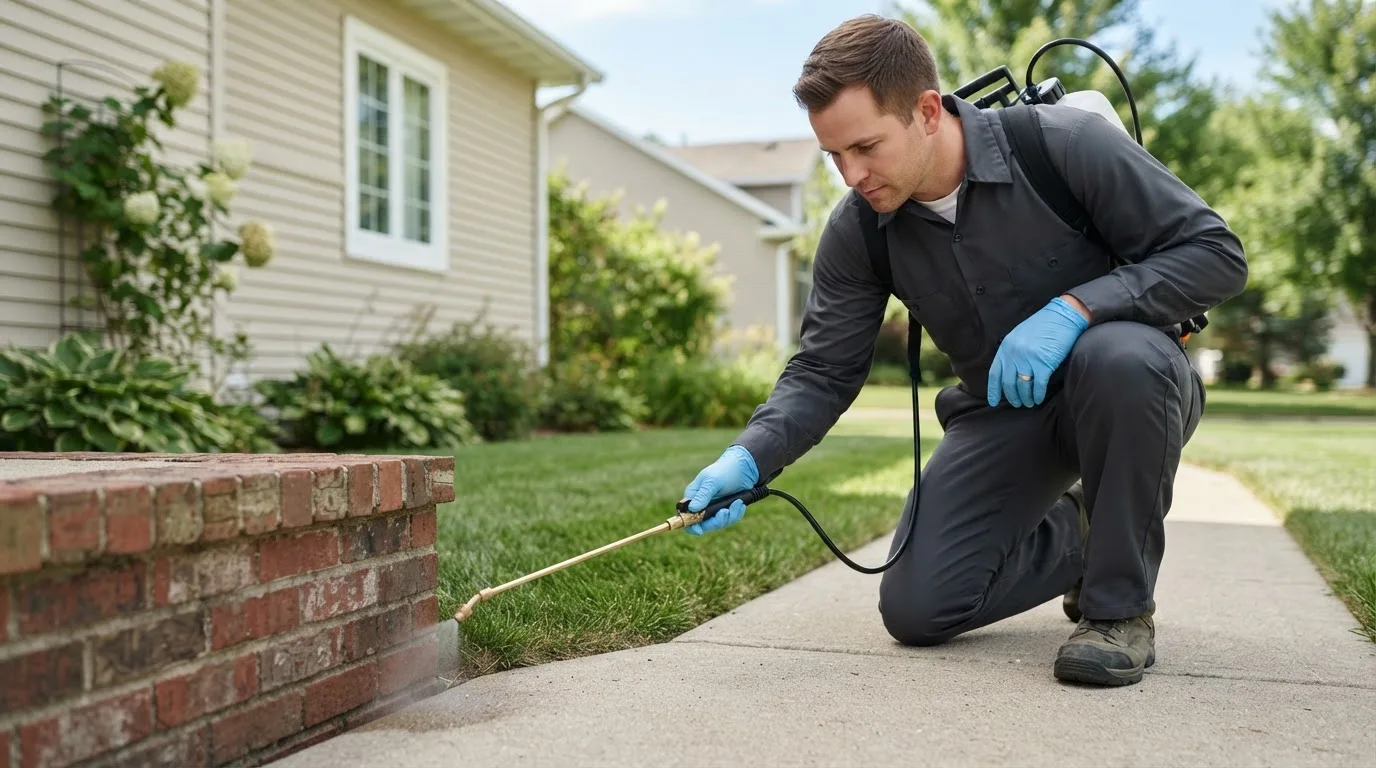 Pest control technician treating a home near Hanston, KS