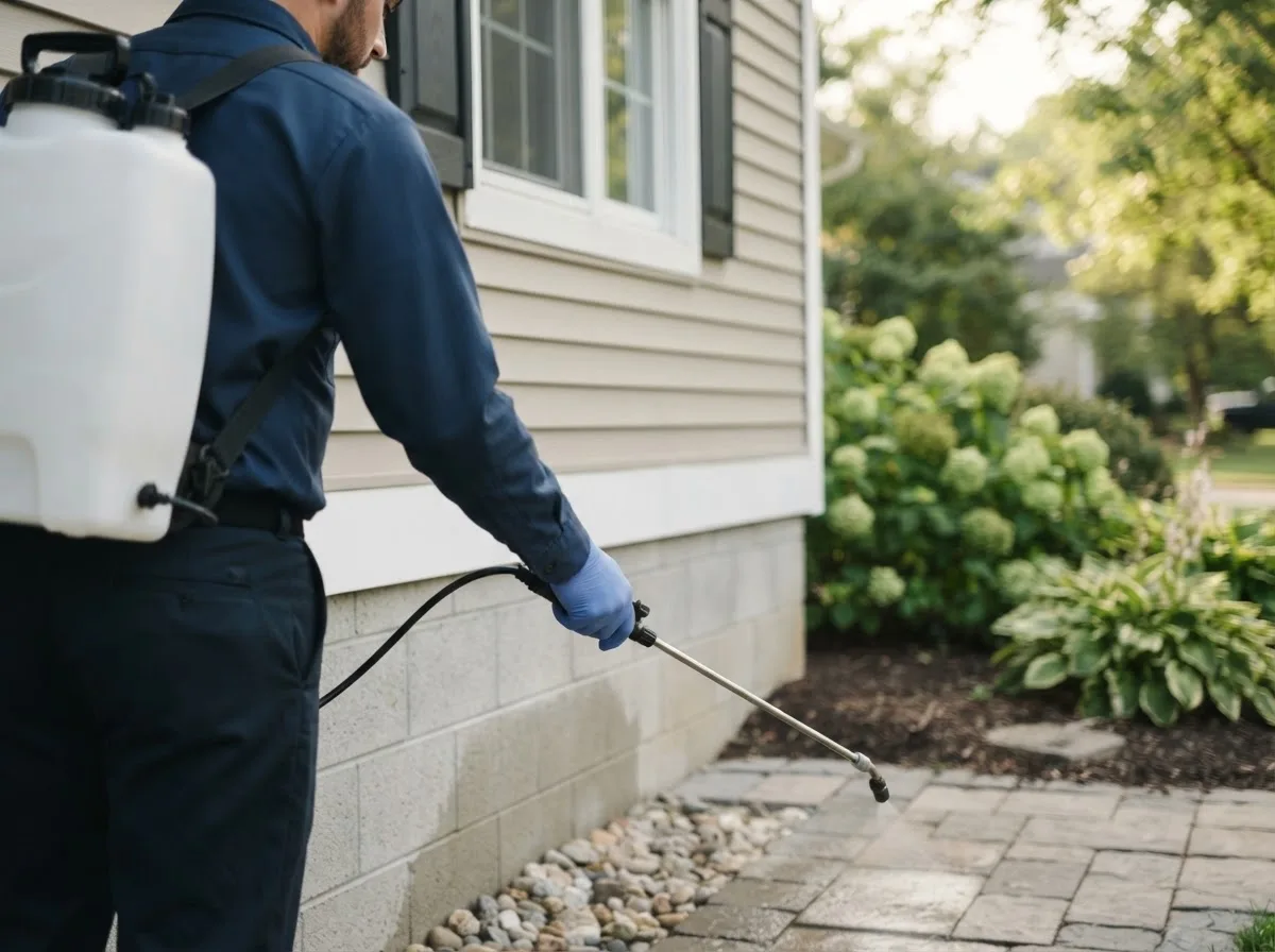 Pest control technician inspecting a home in Hanston, KS